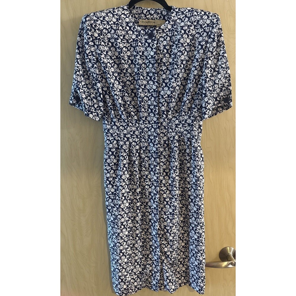 liz claiborne 80s Knee Length White And Blue Floral Dress Pleat Waist Size 0